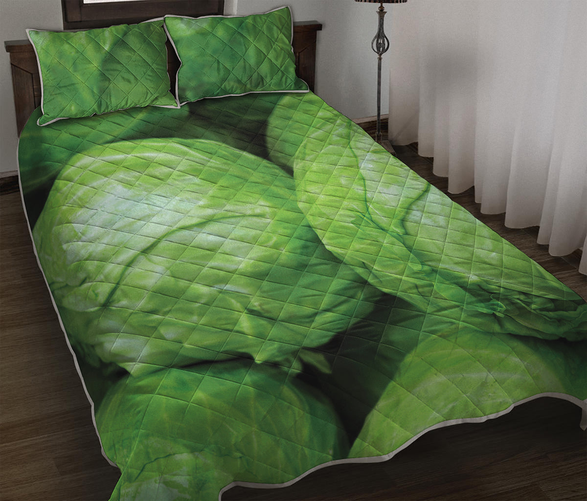 Green Cabbage Print Quilt Bed Set