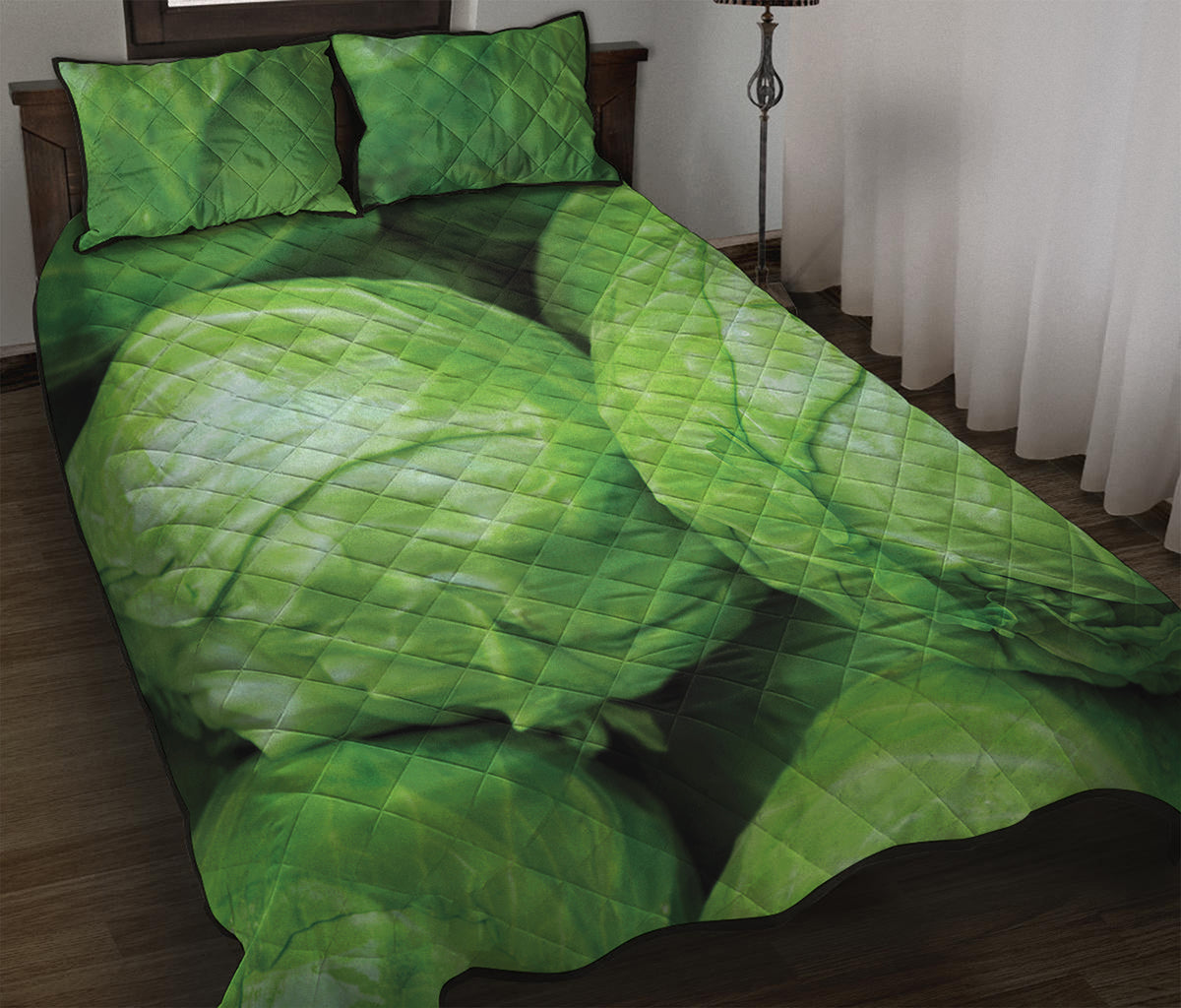 Green Cabbage Print Quilt Bed Set