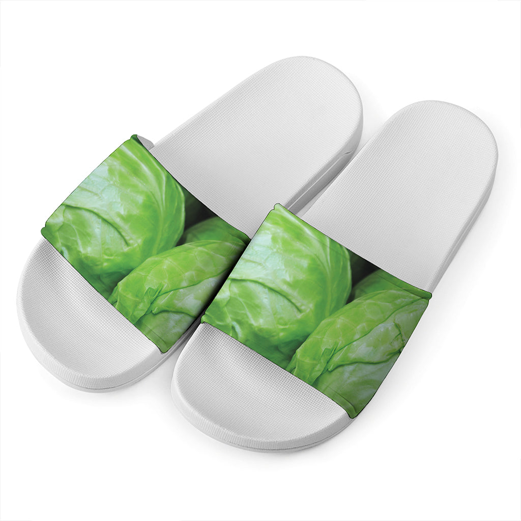 Green Cabbage Print White Slide Sandals