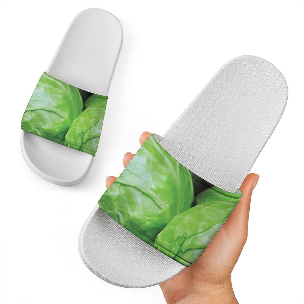 Green Cabbage Print White Slide Sandals