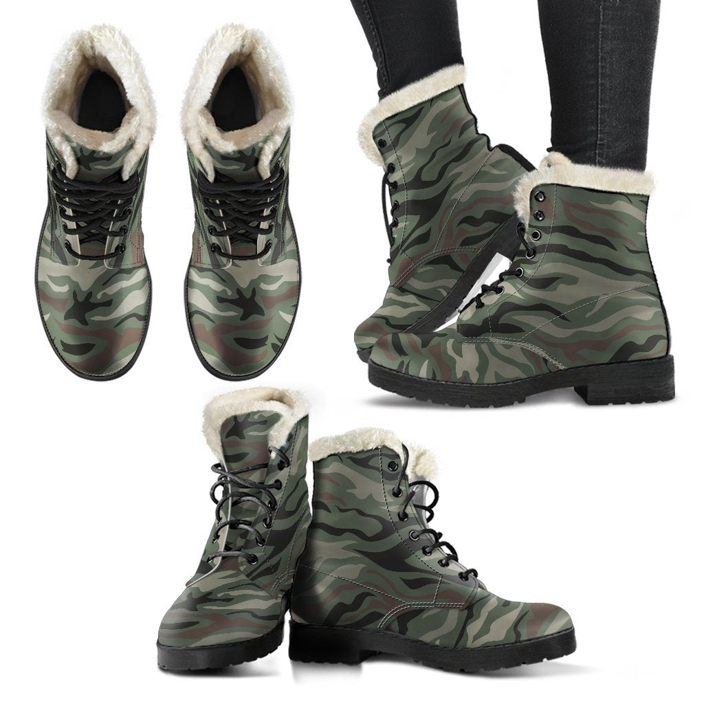 Green Camo Zebra Pattern Print Comfy Boots GearFrost