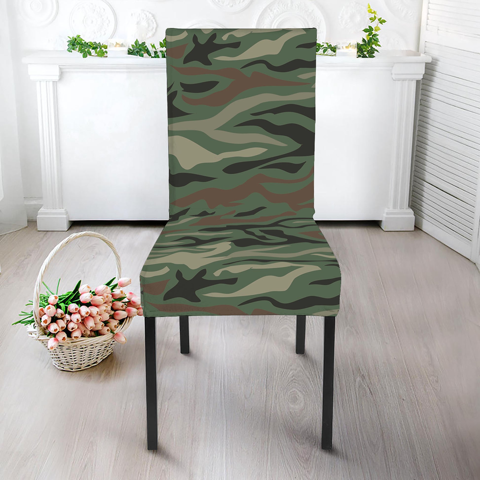 Green Camo Zebra Pattern Print Dining Chair Slipcover