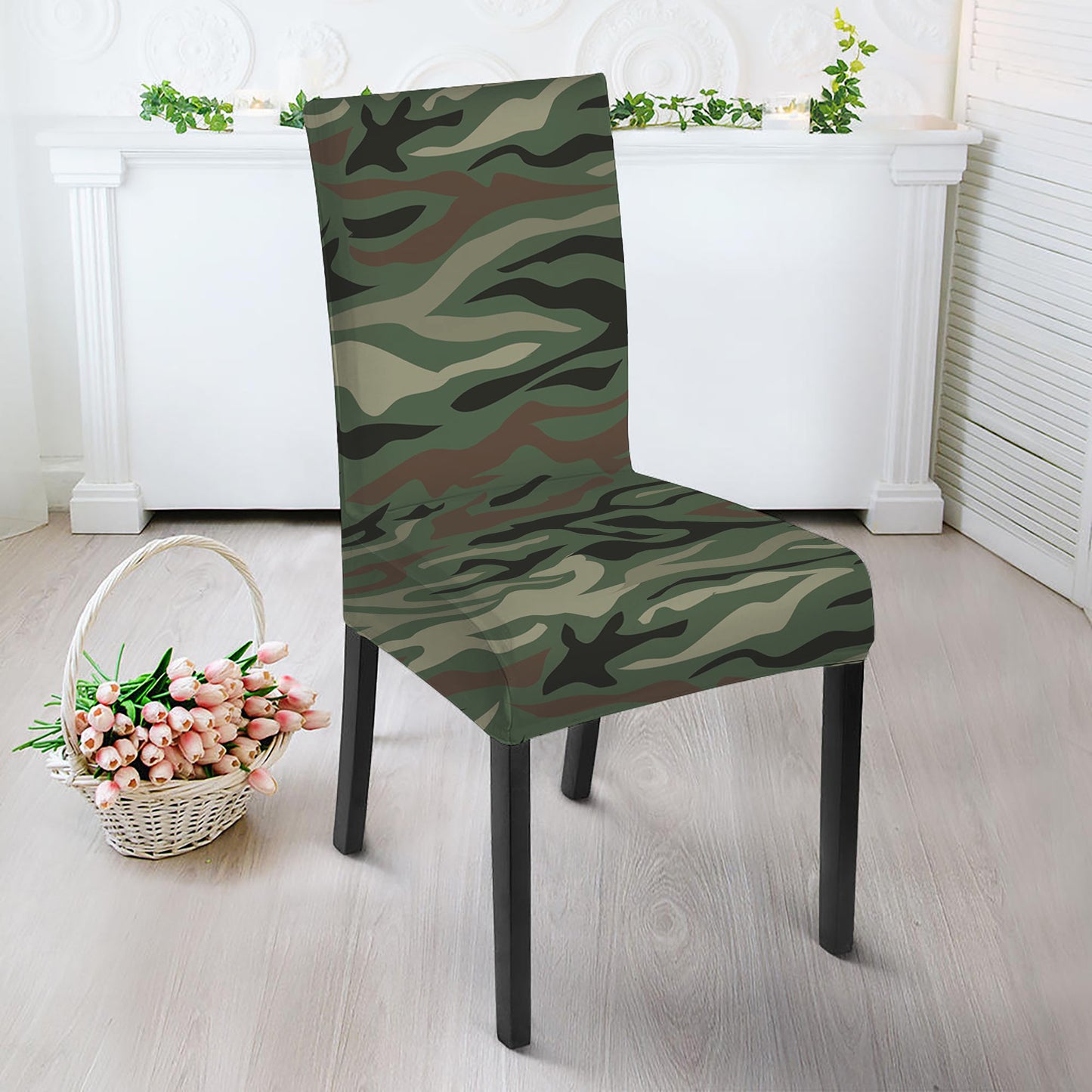 Green Camo Zebra Pattern Print Dining Chair Slipcover