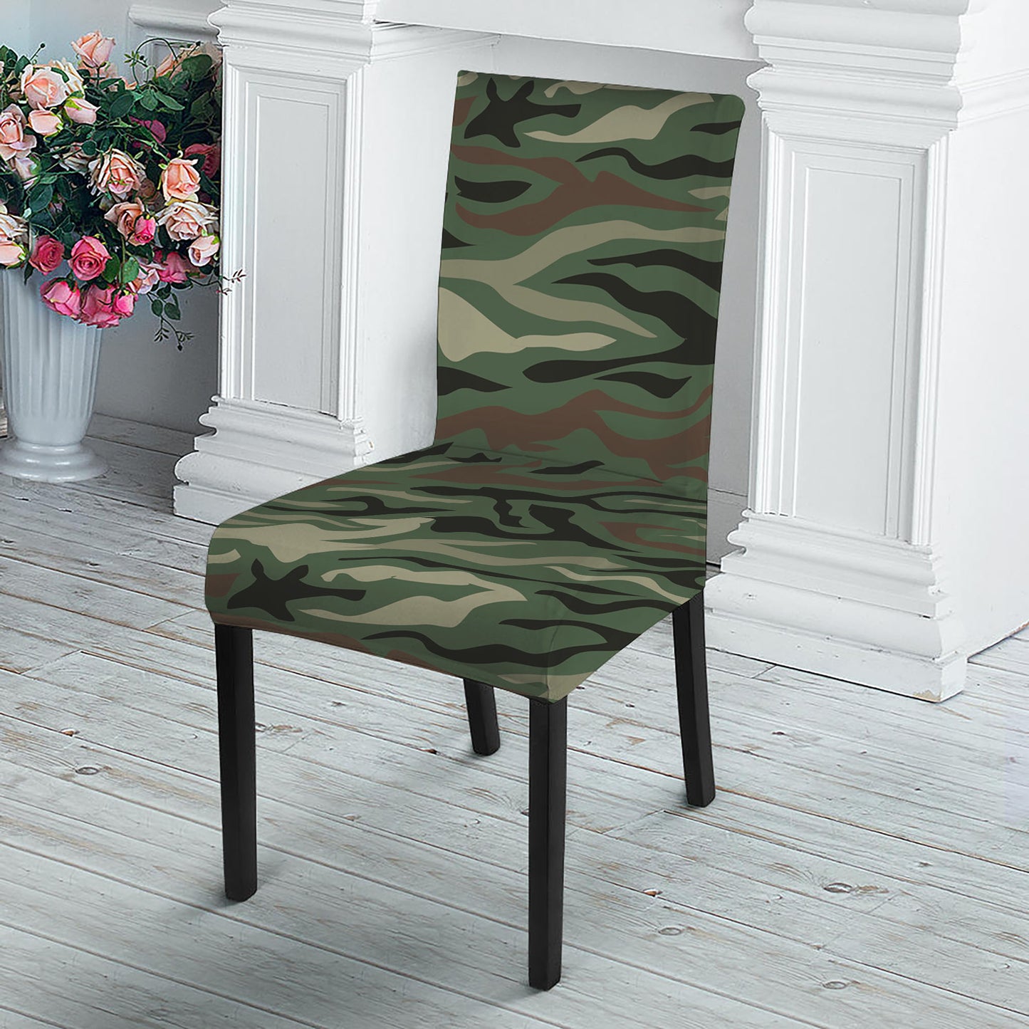 Green Camo Zebra Pattern Print Dining Chair Slipcover