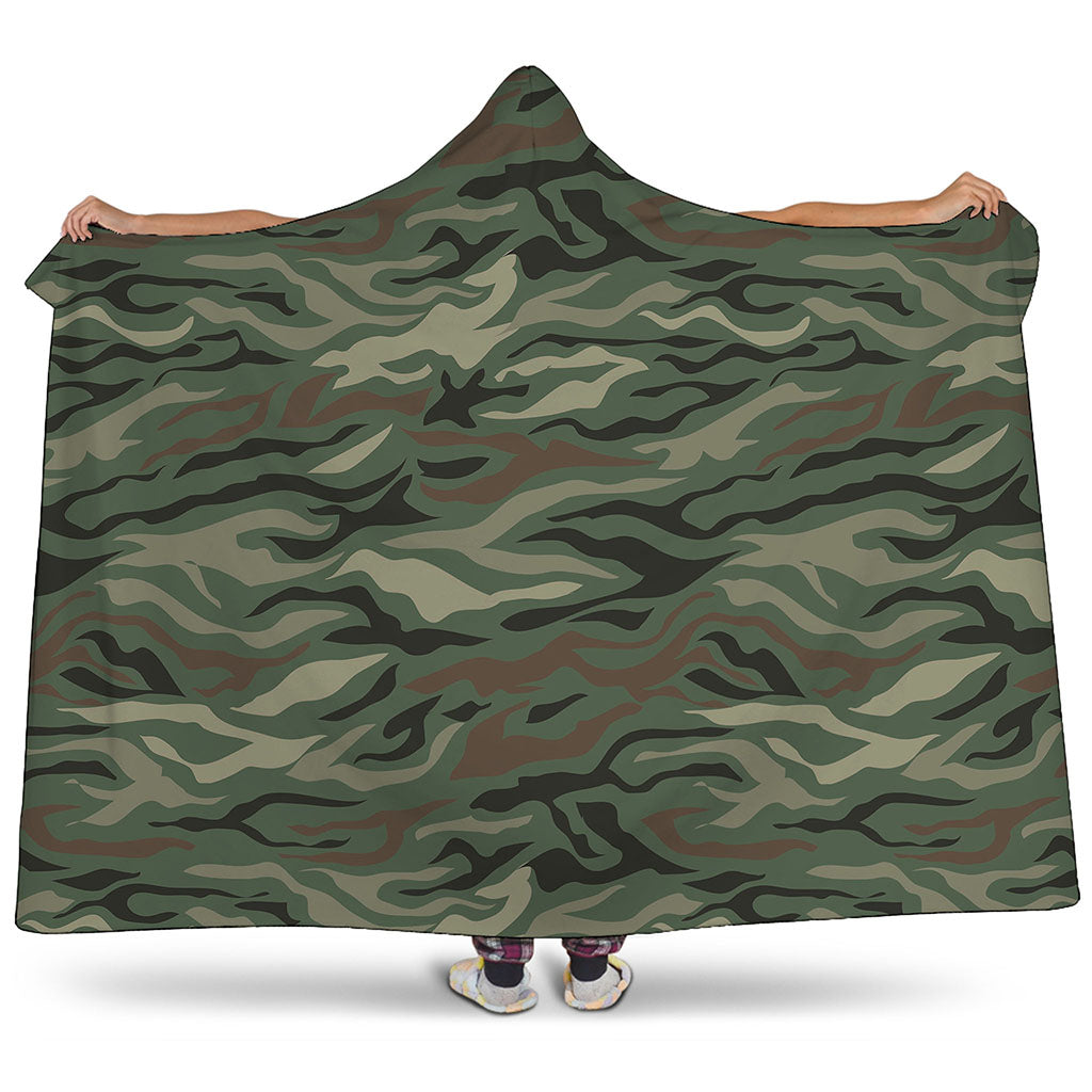 Green Camo Zebra Pattern Print Hooded Blanket