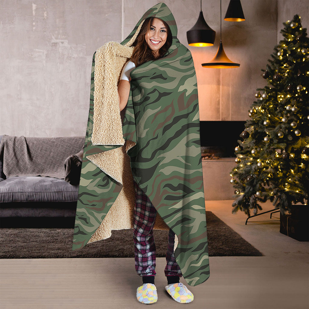 Green Camo Zebra Pattern Print Hooded Blanket