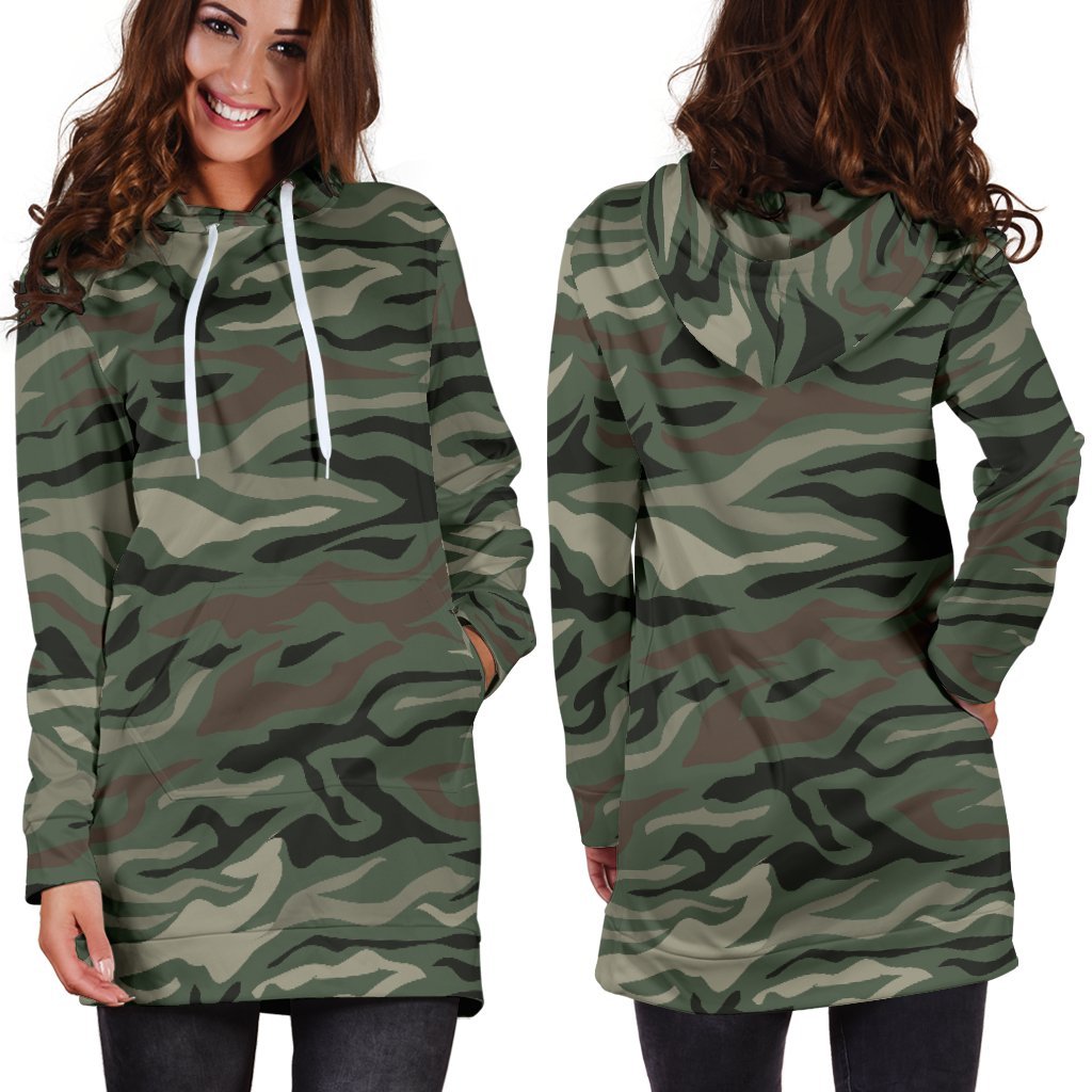 Green Camo Zebra Pattern Print Hoodie Dress GearFrost