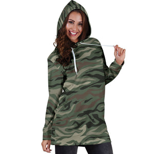 Green Camo Zebra Pattern Print Hoodie Dress GearFrost