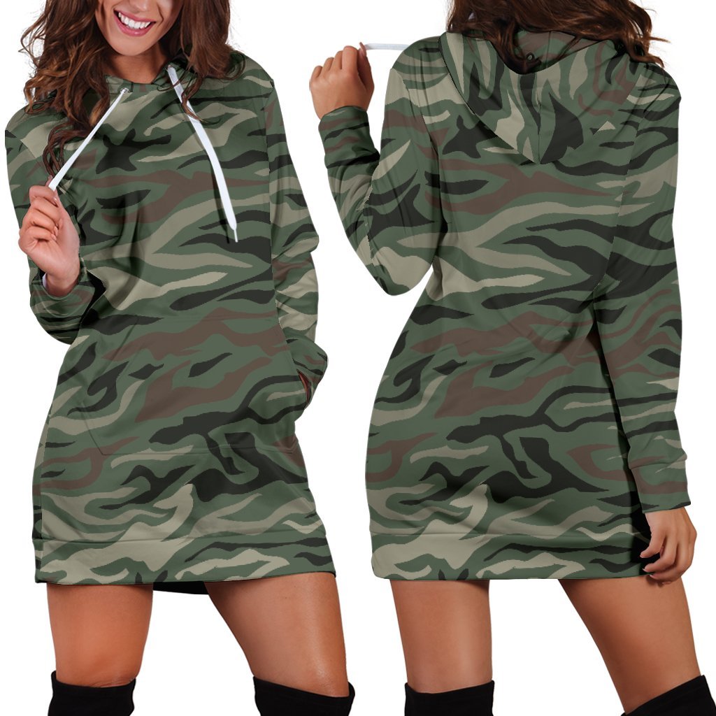 Green Camo Zebra Pattern Print Hoodie Dress GearFrost