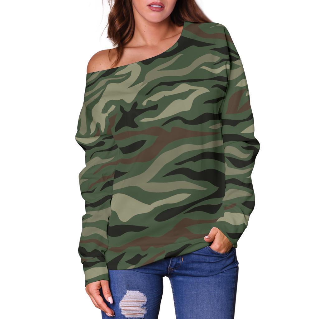 Green Camo Zebra Pattern Print Off Shoulder Sweatshirt GearFrost