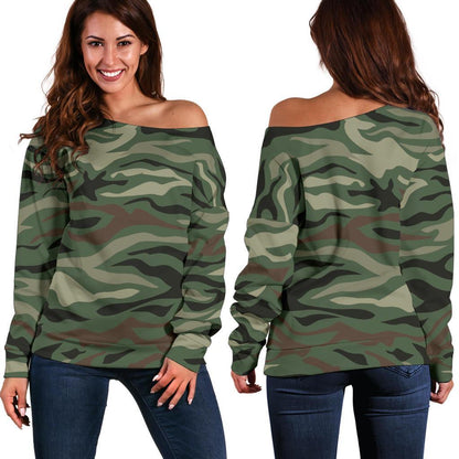 Green Camo Zebra Pattern Print Off Shoulder Sweatshirt GearFrost