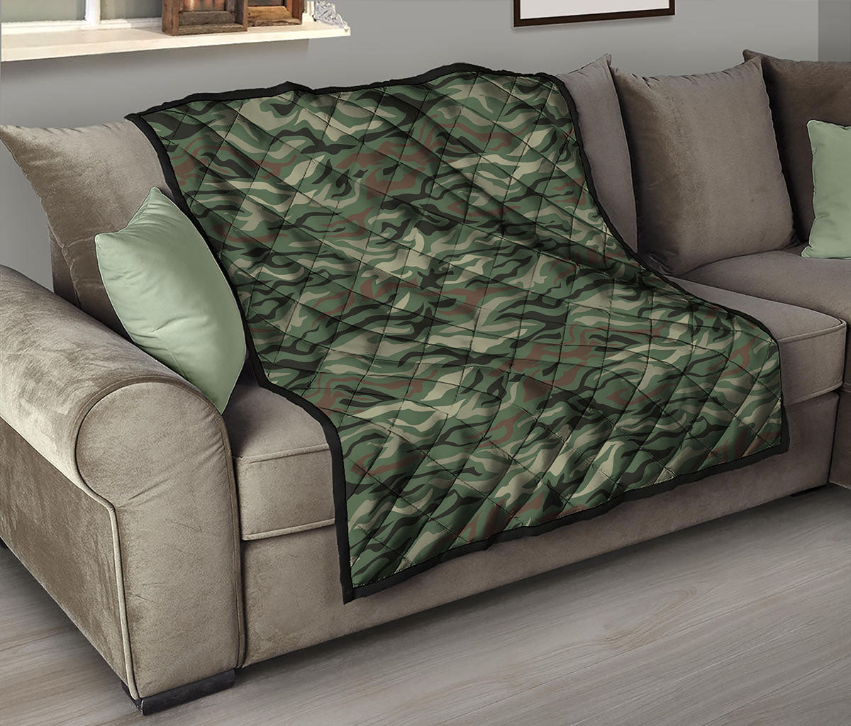 Green Camo Zebra Pattern Print Quilt