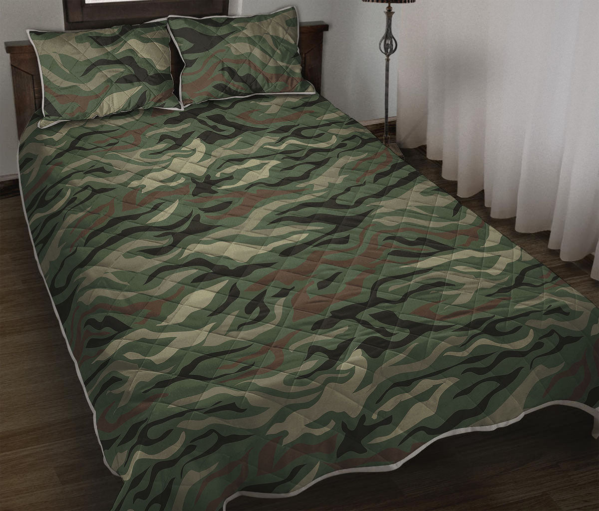 Green Camo Zebra Pattern Print Quilt Bed Set