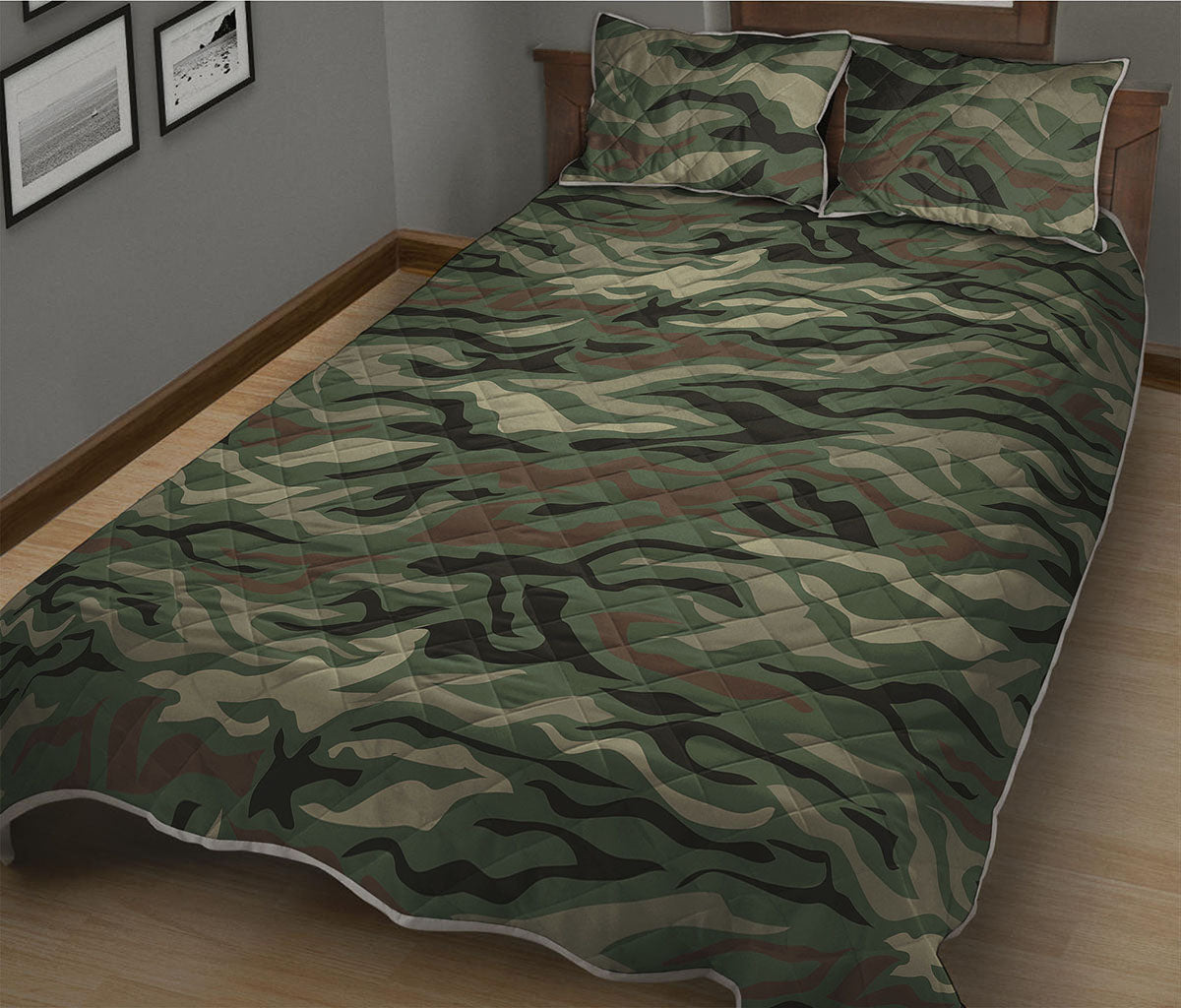 Green Camo Zebra Pattern Print Quilt Bed Set
