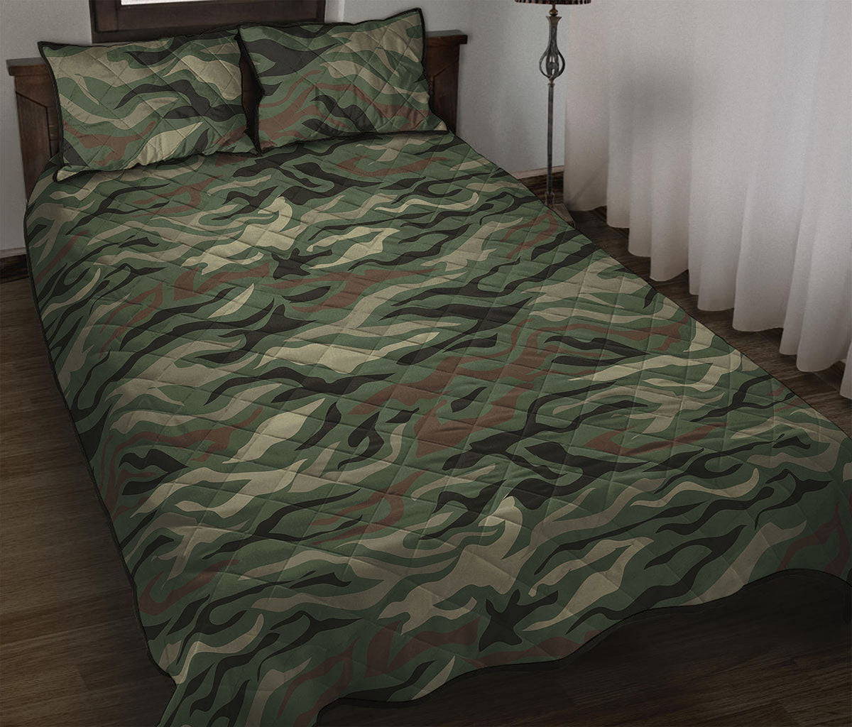 Green Camo Zebra Pattern Print Quilt Bed Set