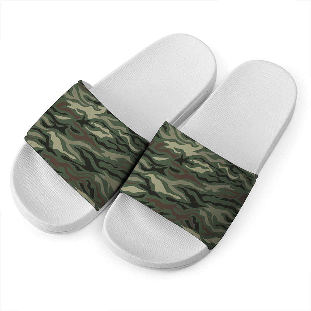 Green Camo Zebra Pattern Print White Slide Sandals