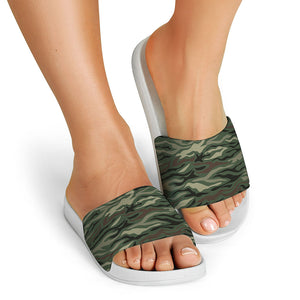 Green Camo Zebra Pattern Print White Slide Sandals