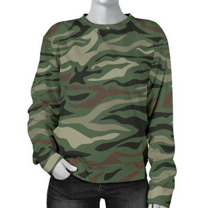 Green Camo Zebra Pattern Print Women's Crewneck Sweatshirt GearFrost