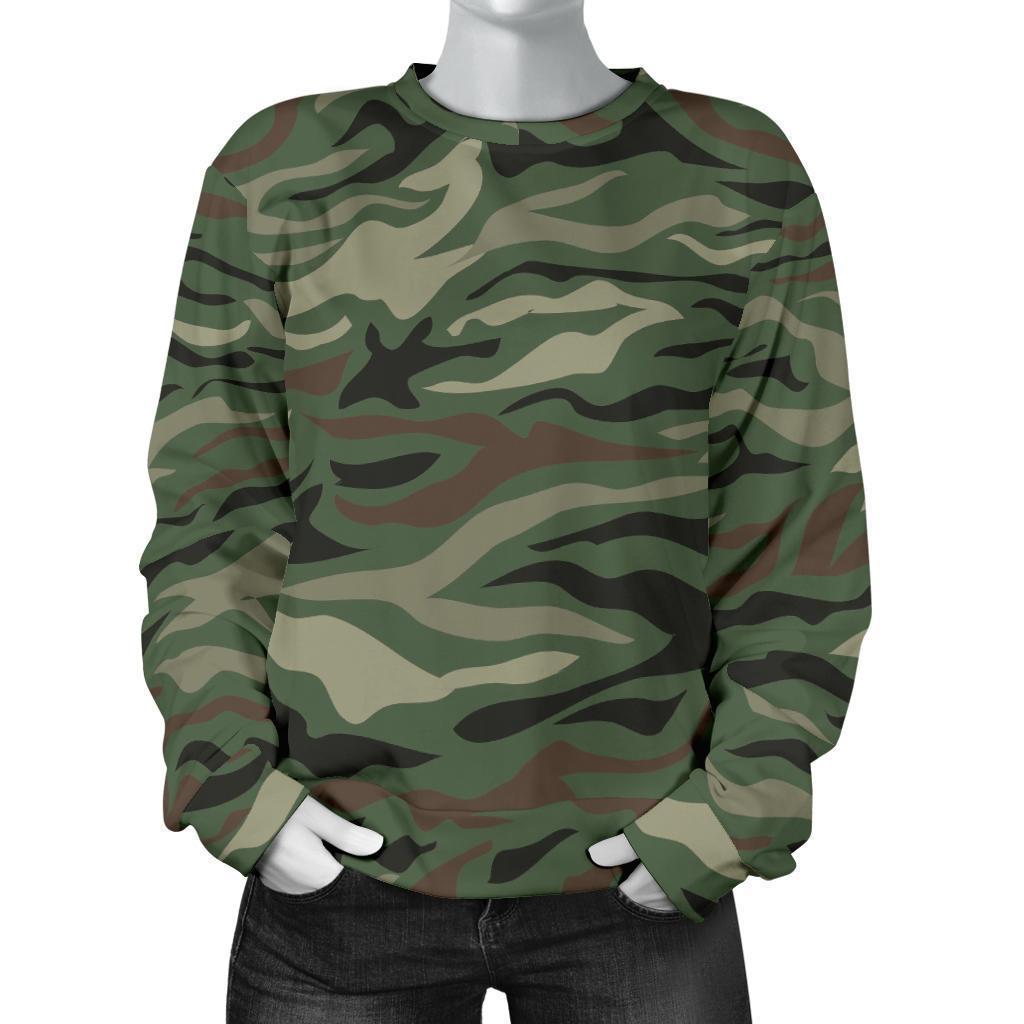 Green Camo Zebra Pattern Print Women's Crewneck Sweatshirt GearFrost