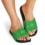 Green Cannabis Leaf Pattern Print Black Slide Sandals