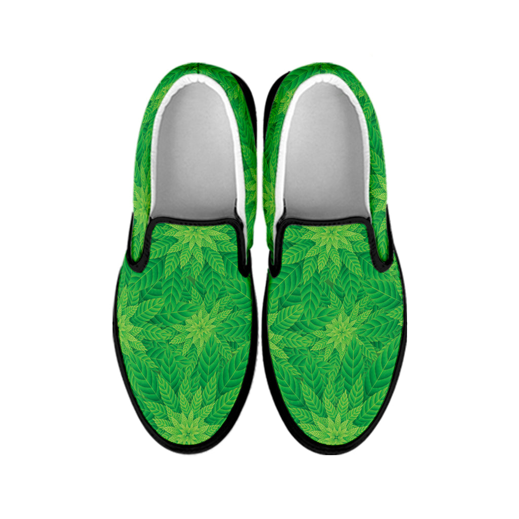 Green Cannabis Leaf Pattern Print Black Slip On Shoes