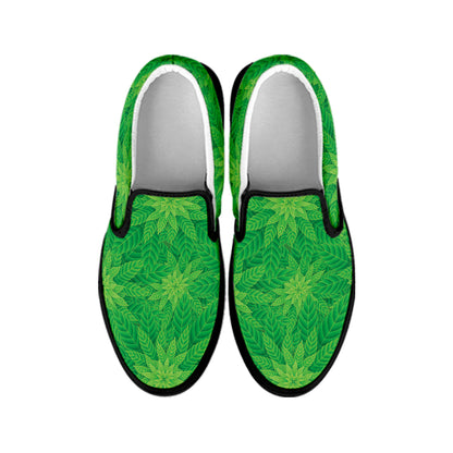 Green Cannabis Leaf Pattern Print Black Slip On Shoes