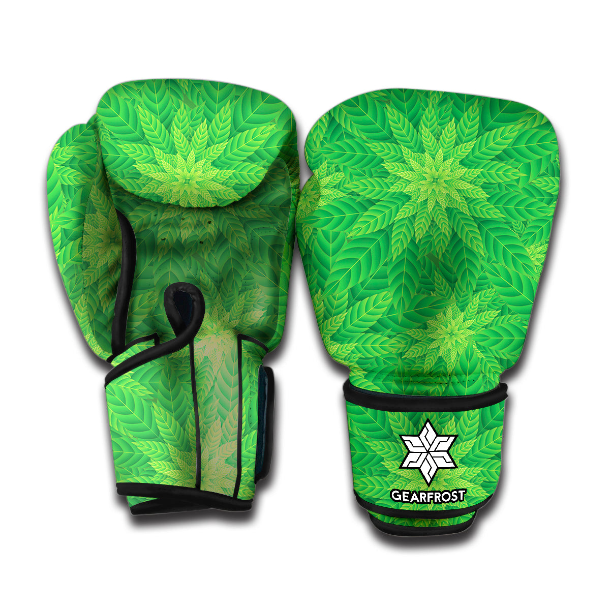 Green Cannabis Leaf Pattern Print Boxing Gloves