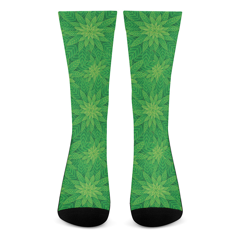 Green Cannabis Leaf Pattern Print Crew Socks