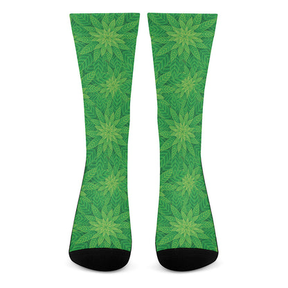 Green Cannabis Leaf Pattern Print Crew Socks