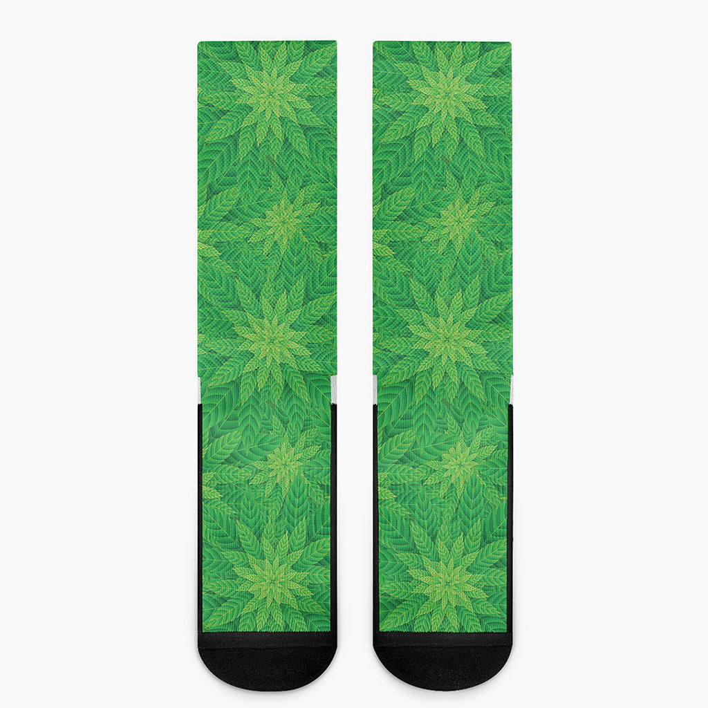 Green Cannabis Leaf Pattern Print Crew Socks