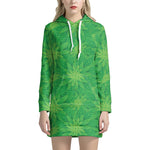 Green Cannabis Leaf Pattern Print Hoodie Dress