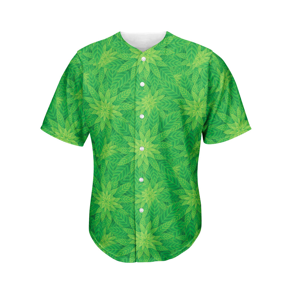 Green Cannabis Leaf Pattern Print Men's Baseball Jersey