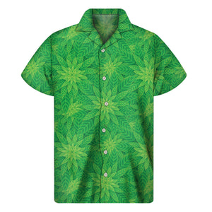 Green Cannabis Leaf Pattern Print Men's Short Sleeve Shirt