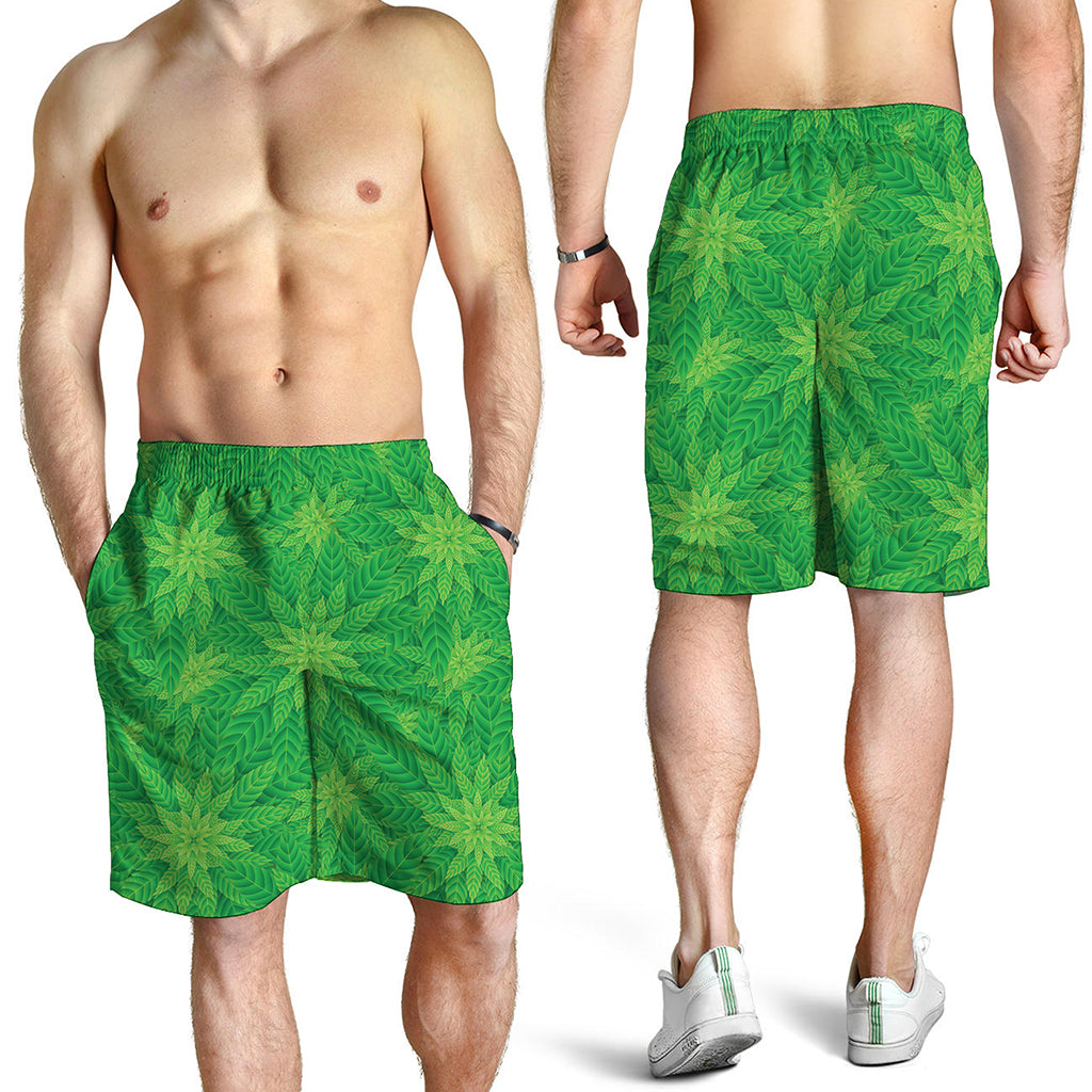 Green Cannabis Leaf Pattern Print Men's Shorts