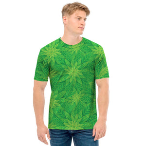 Green Cannabis Leaf Pattern Print Men's T-Shirt