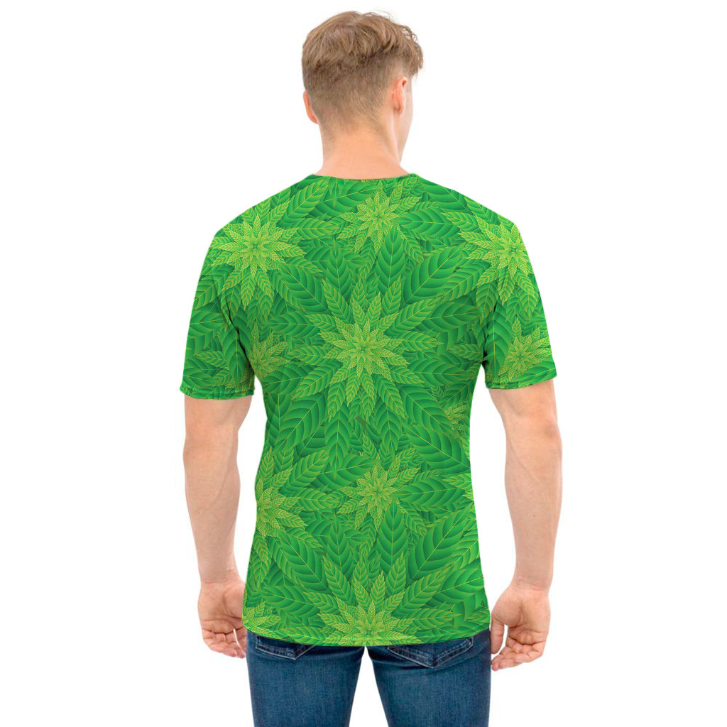 Green Cannabis Leaf Pattern Print Men's T-Shirt