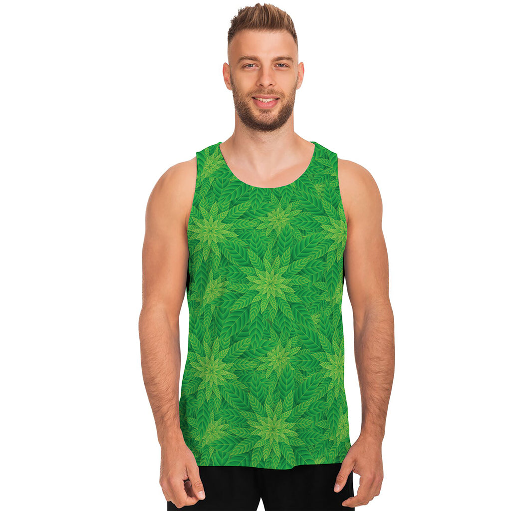 Green Cannabis Leaf Pattern Print Men's Tank Top