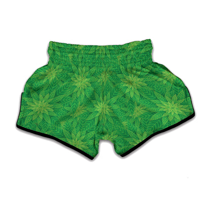 Green Cannabis Leaf Pattern Print Muay Thai Boxing Shorts
