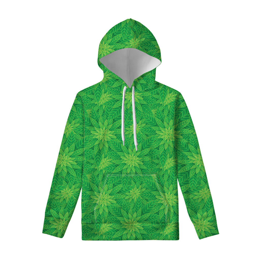 Green Cannabis Leaf Pattern Print Pullover Hoodie