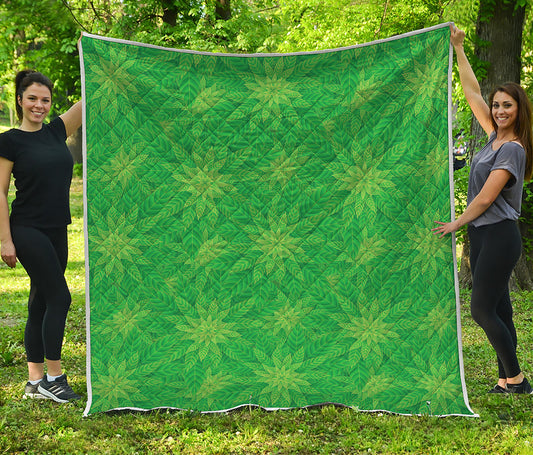 Green Cannabis Leaf Pattern Print Quilt