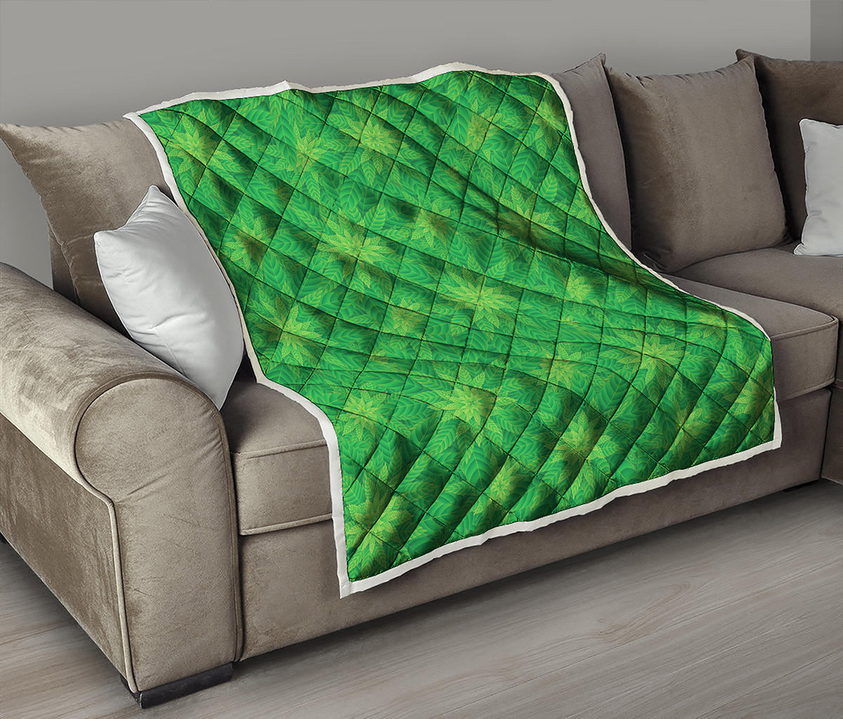 Green Cannabis Leaf Pattern Print Quilt