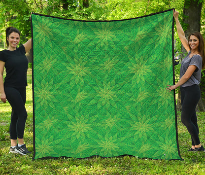 Green Cannabis Leaf Pattern Print Quilt