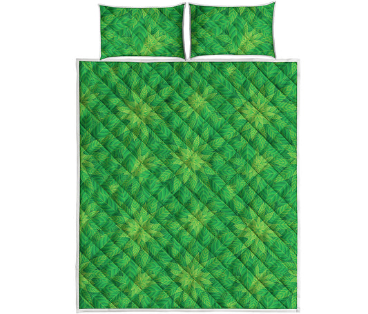 Green Cannabis Leaf Pattern Print Quilt Bed Set