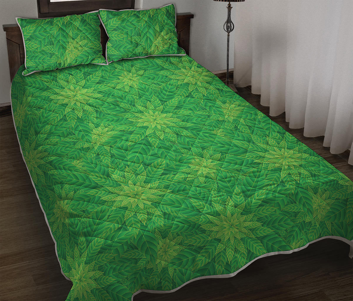 Green Cannabis Leaf Pattern Print Quilt Bed Set