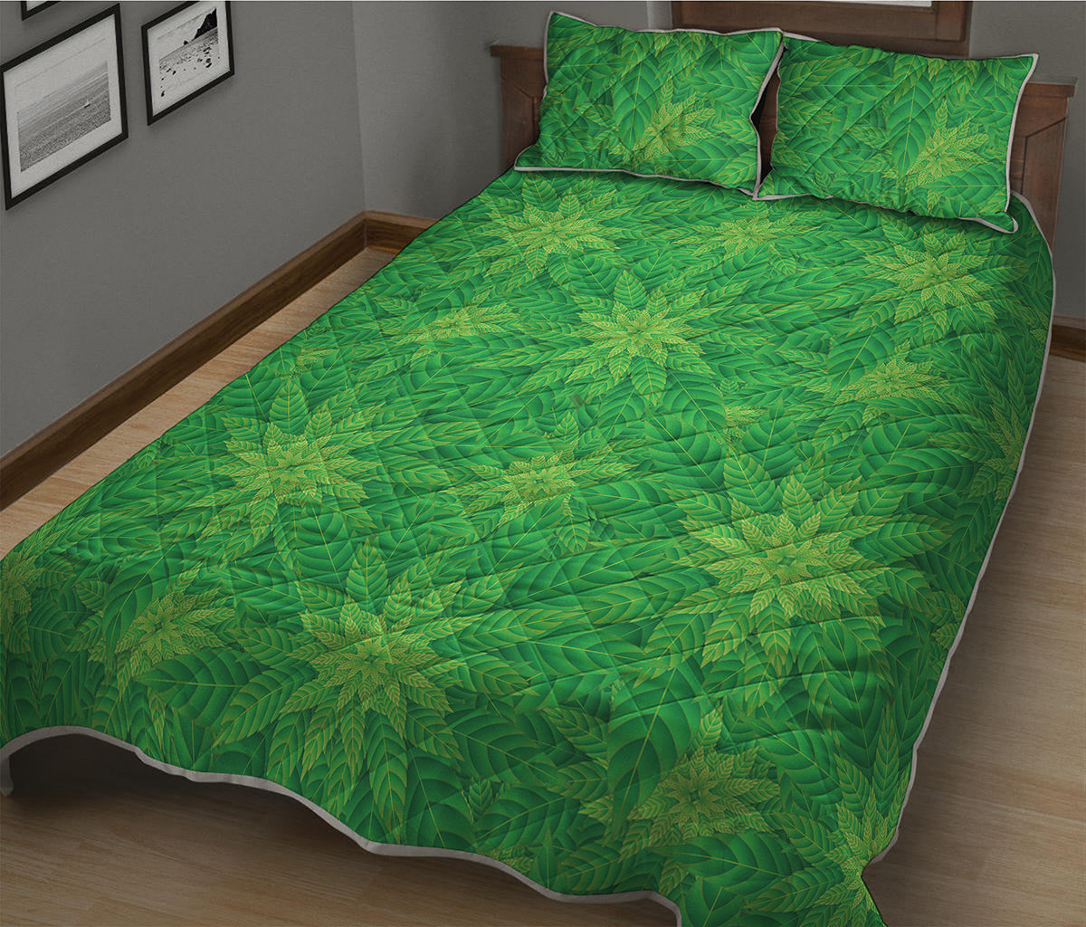 Green Cannabis Leaf Pattern Print Quilt Bed Set