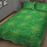 Green Cannabis Leaf Pattern Print Quilt Bed Set