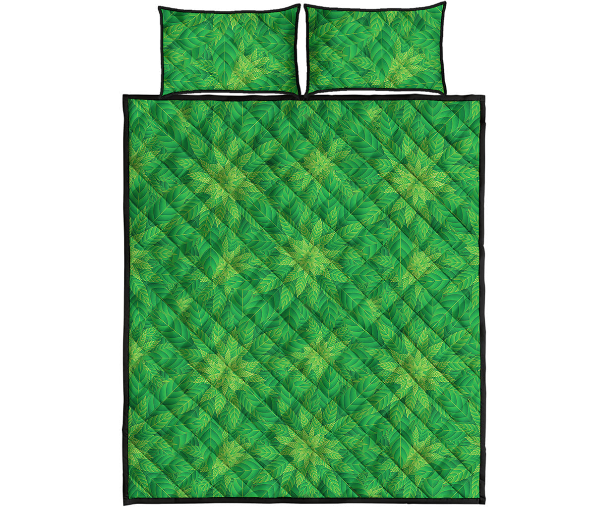 Green Cannabis Leaf Pattern Print Quilt Bed Set