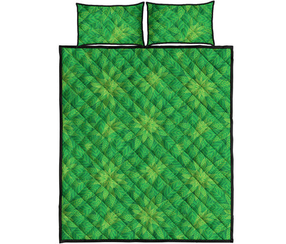 Green Cannabis Leaf Pattern Print Quilt Bed Set