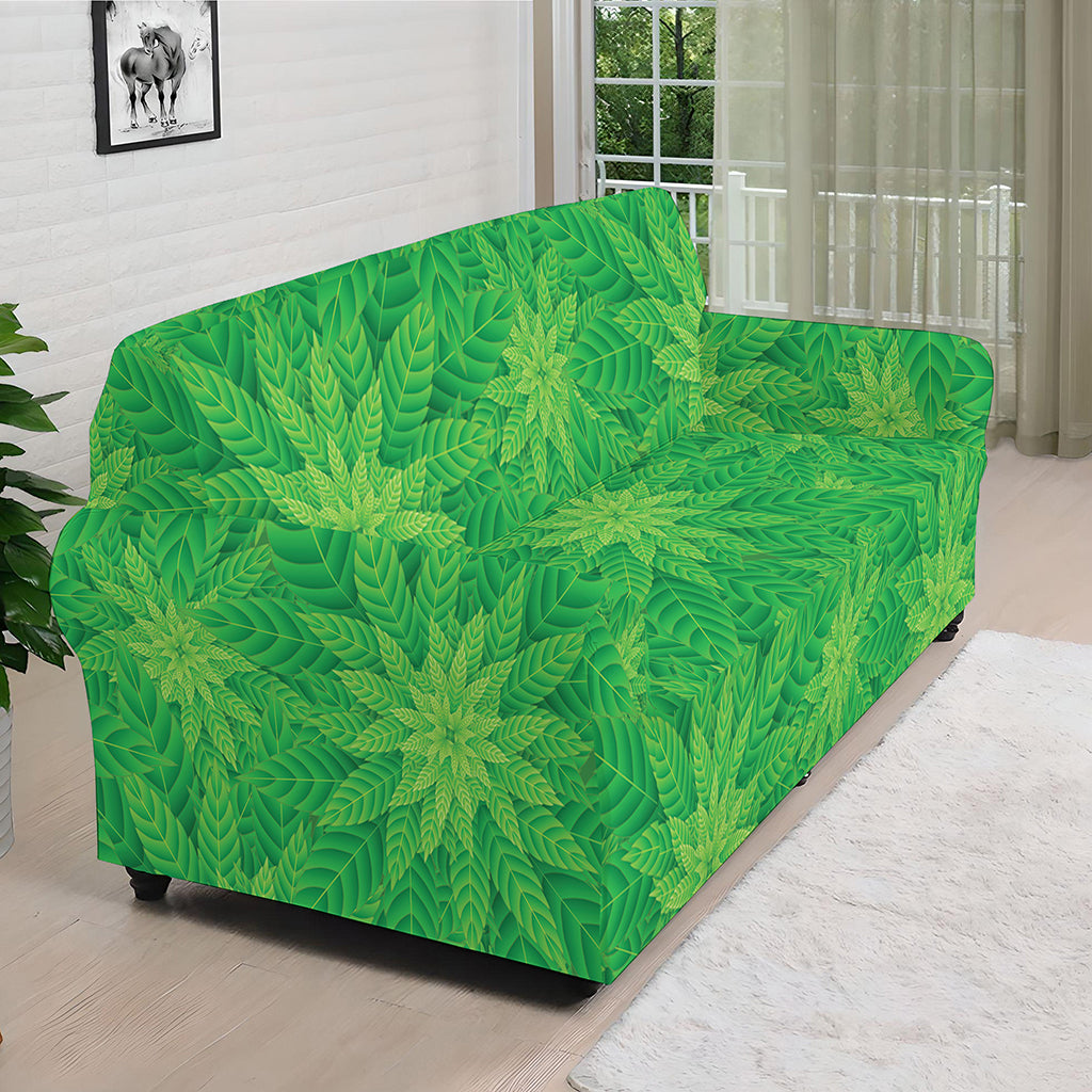 Green Cannabis Leaf Pattern Print Sofa Cover