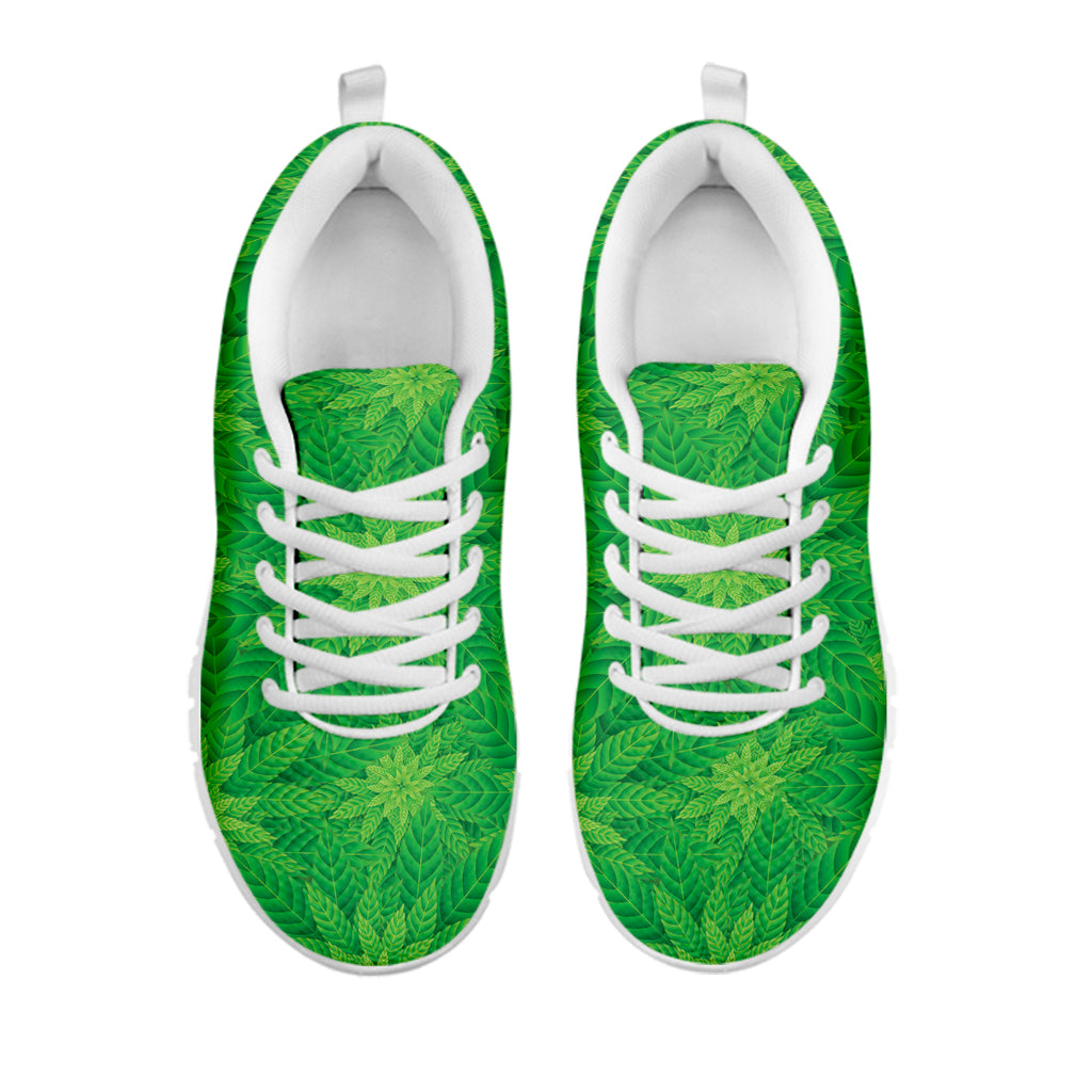 Green Cannabis Leaf Pattern Print White Sneakers